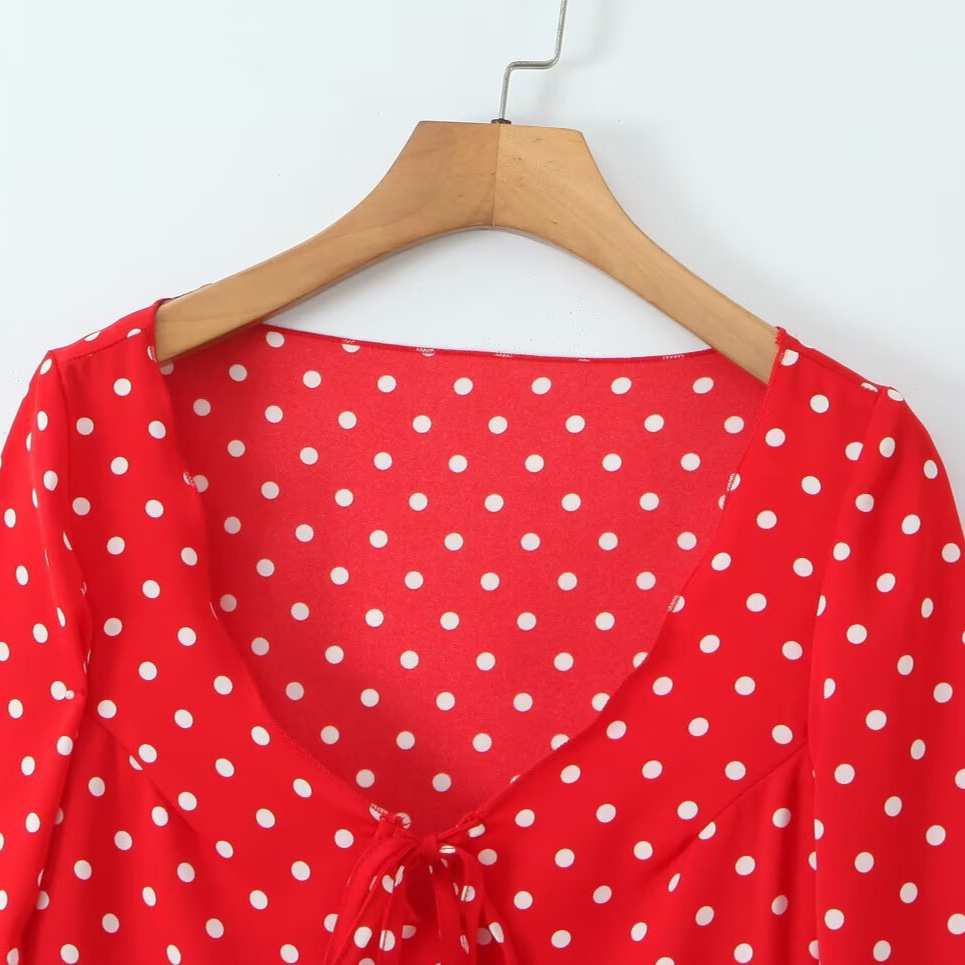 Vestido informal de manga larga con lunares rojos para mujer KUN-00076