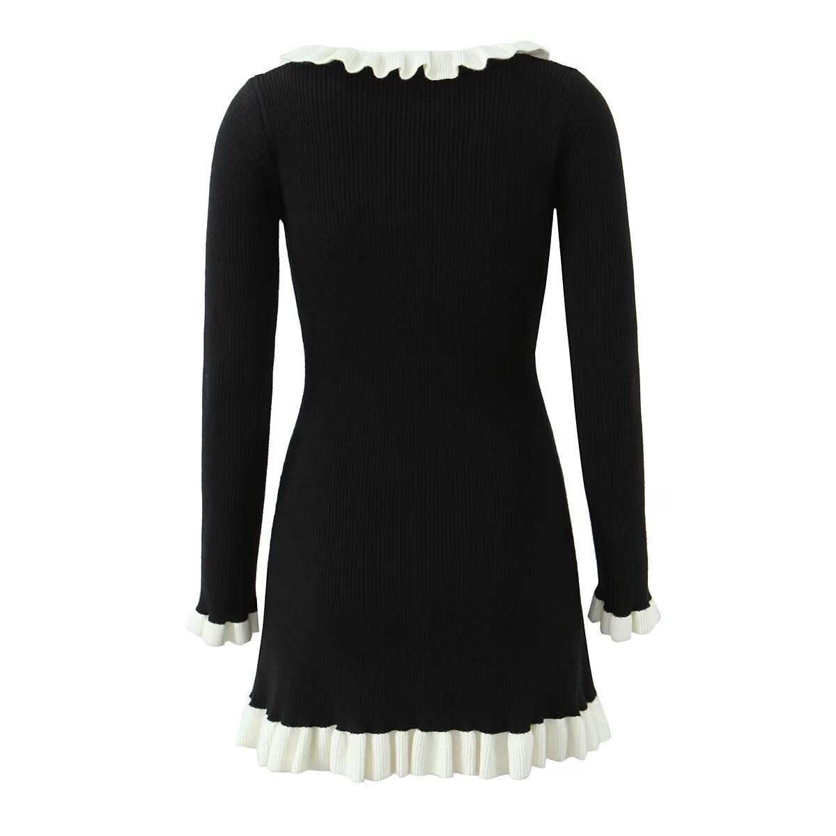 Vestido negro corto para mujer estilo Hepburn con cuello con volantes KUN-00074