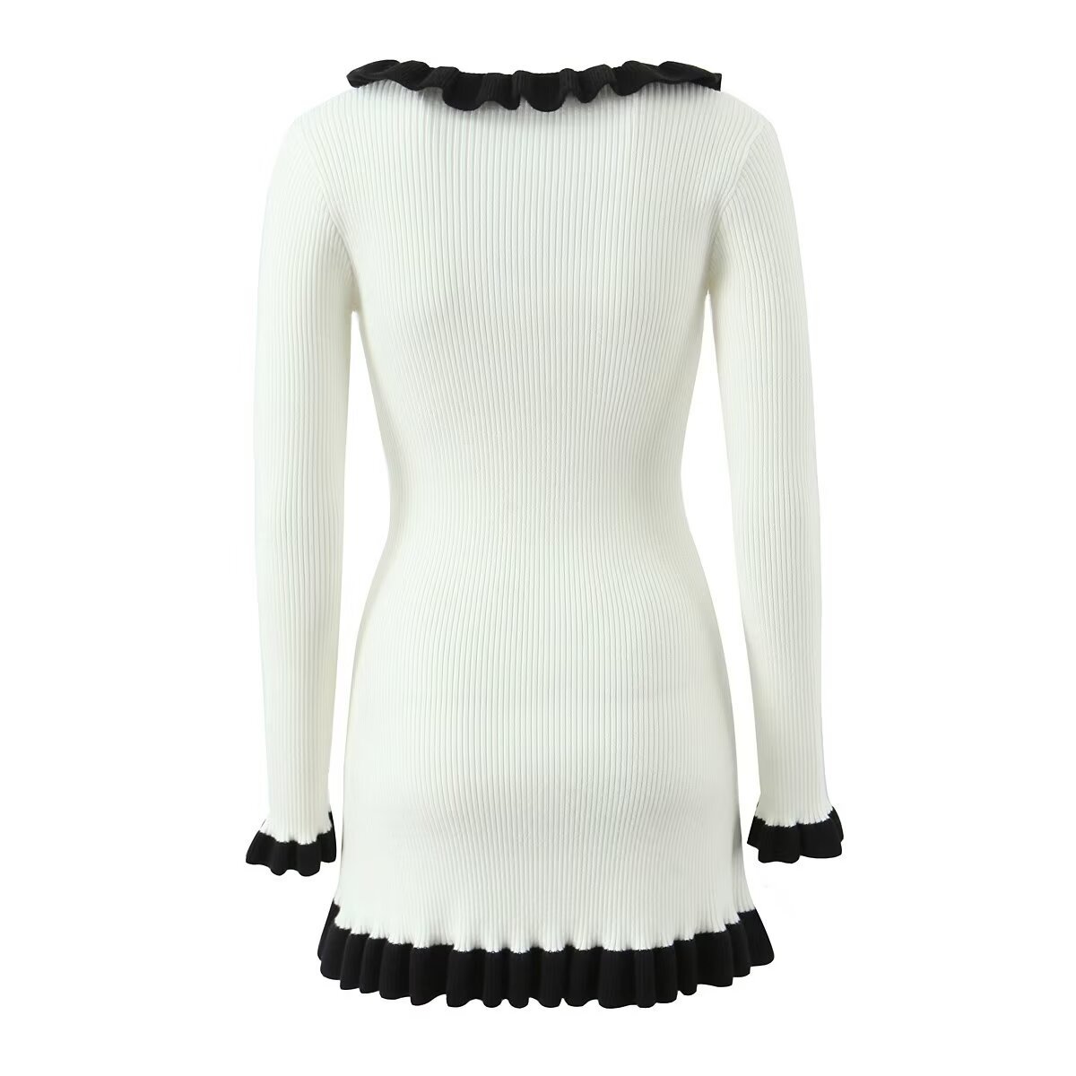 Vestido negro corto para mujer estilo Hepburn con cuello con volantes KUN-00074