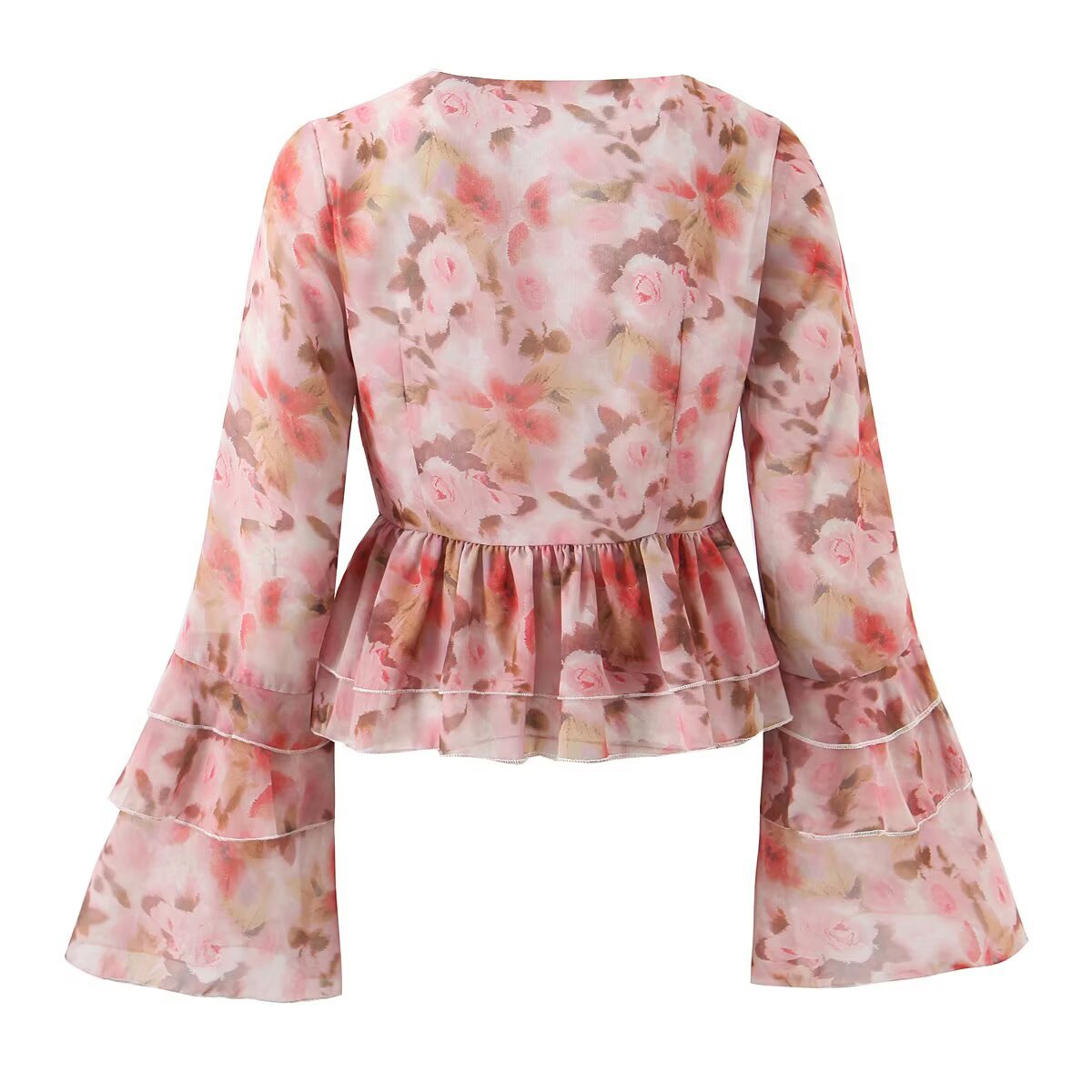 Floral Print Blouse Bell Sleeve Tie-Front Top KUN-00030