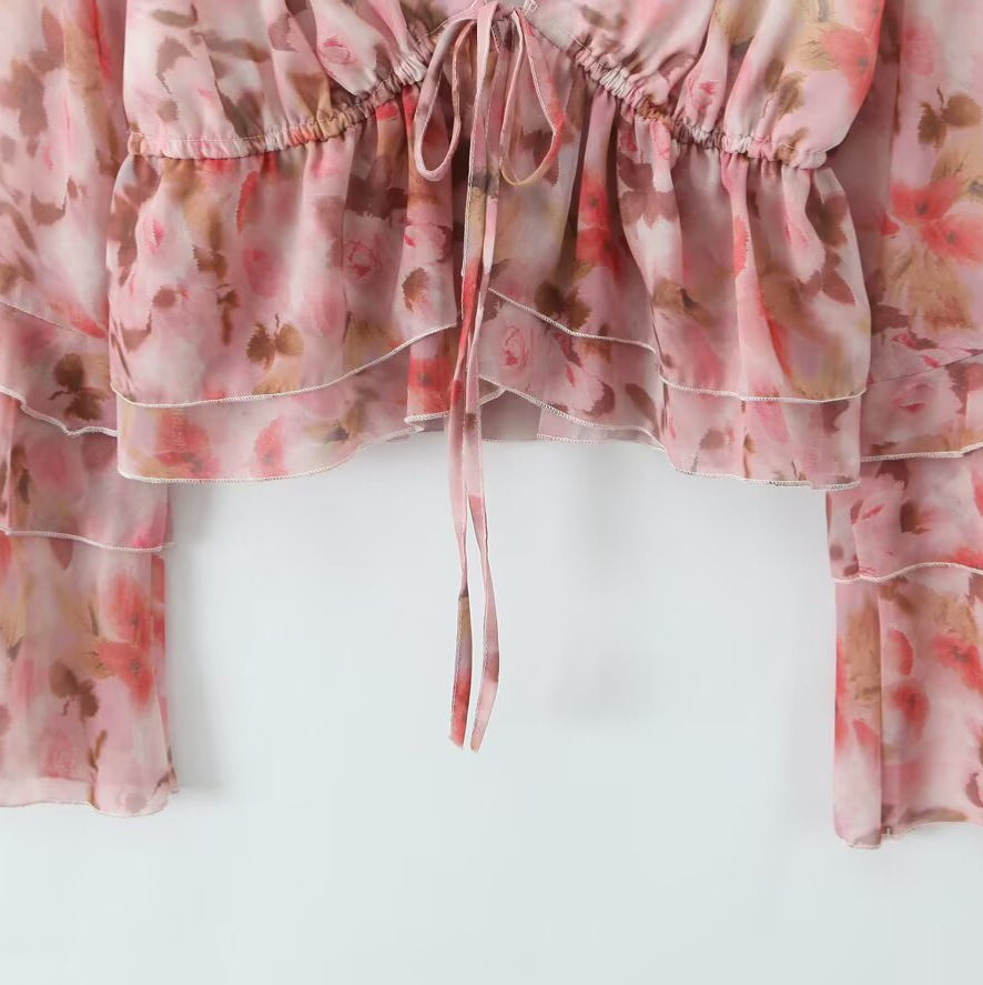 Floral Print Blouse Bell Sleeve Tie-Front Top KUN-00030
