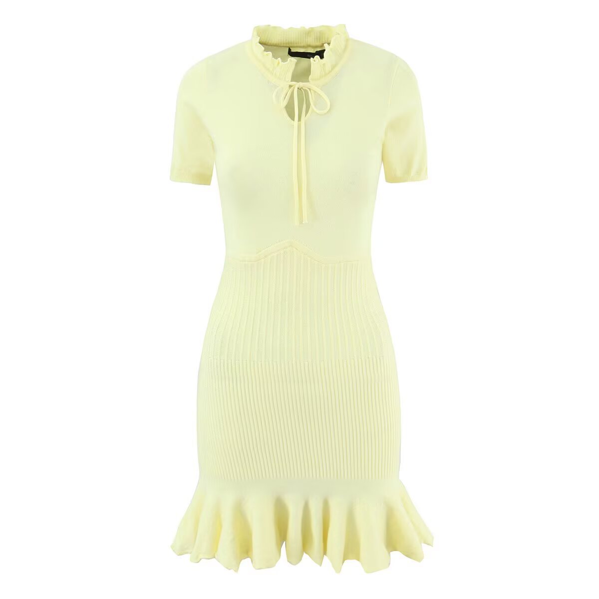 Knit Ribbed Ruffle Mini Dress - European Style KUN-00109