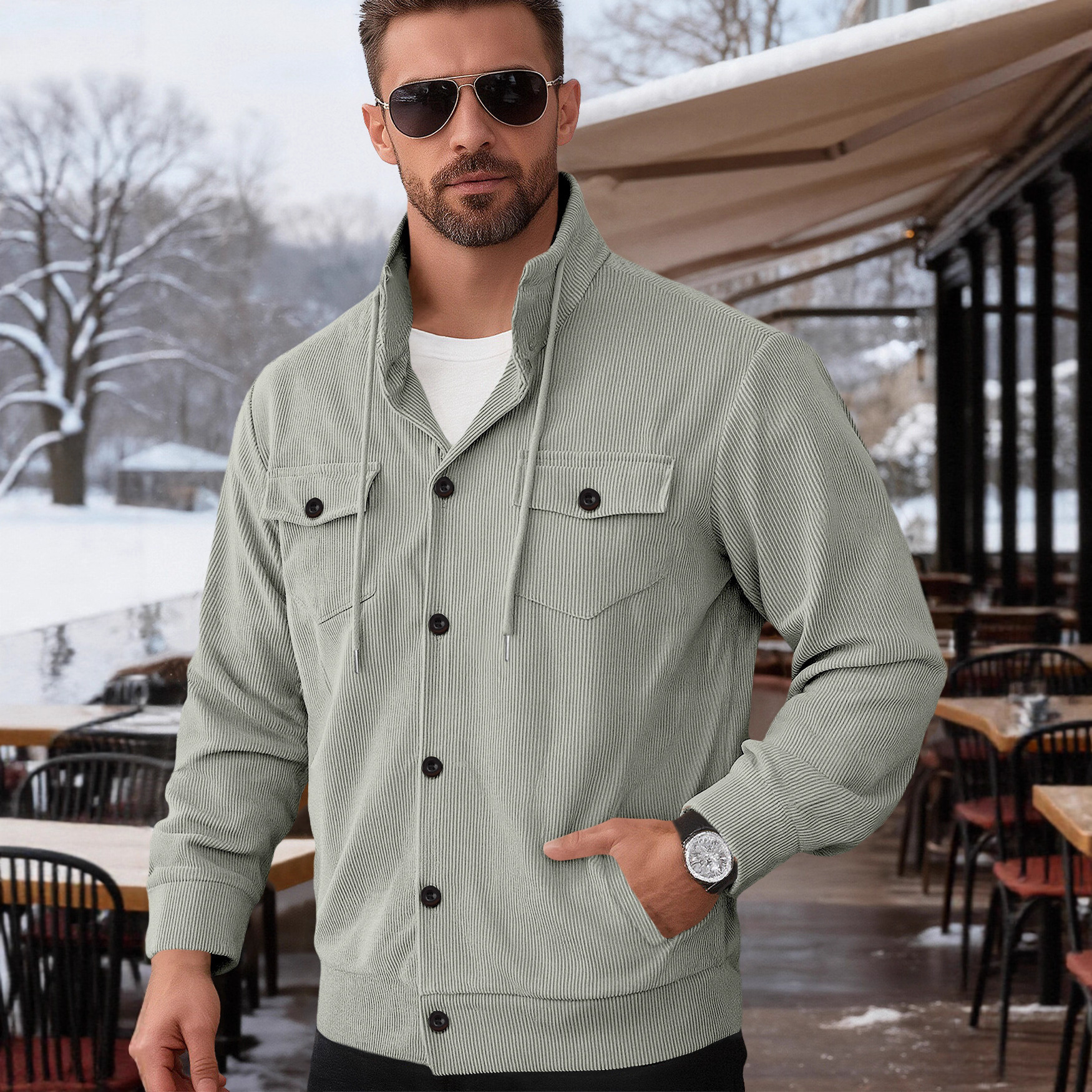 Corduroy Long Sleeve Casual Jacket with Pockets NDF-00025