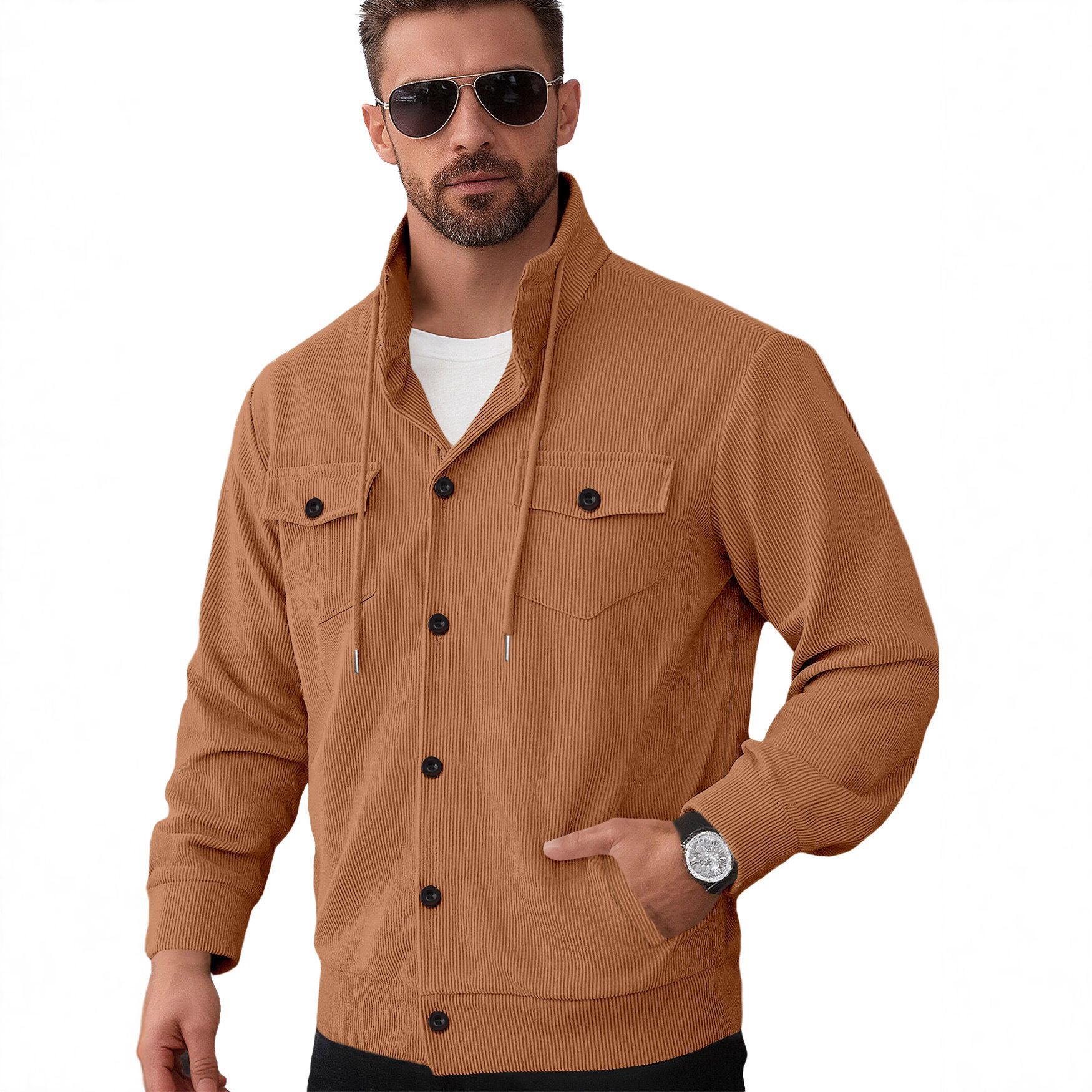 Corduroy Long Sleeve Casual Jacket with Pockets NDF-00025