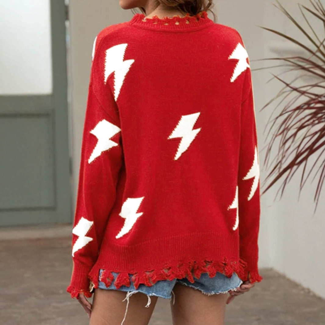 Knit Sweater Women's Long Sleeve Pullover Tassel Lightning Solid Color SSU-00125