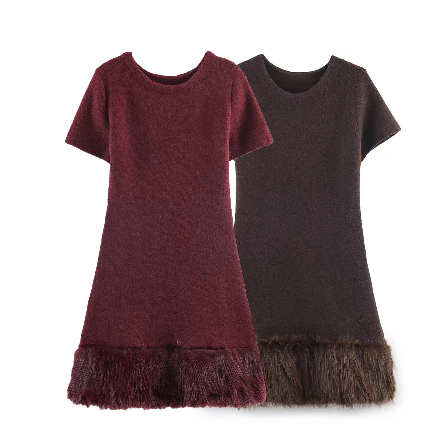 Vestido de punto con patchwork de piel sintética - Estilo europeo elegante KUN-00105