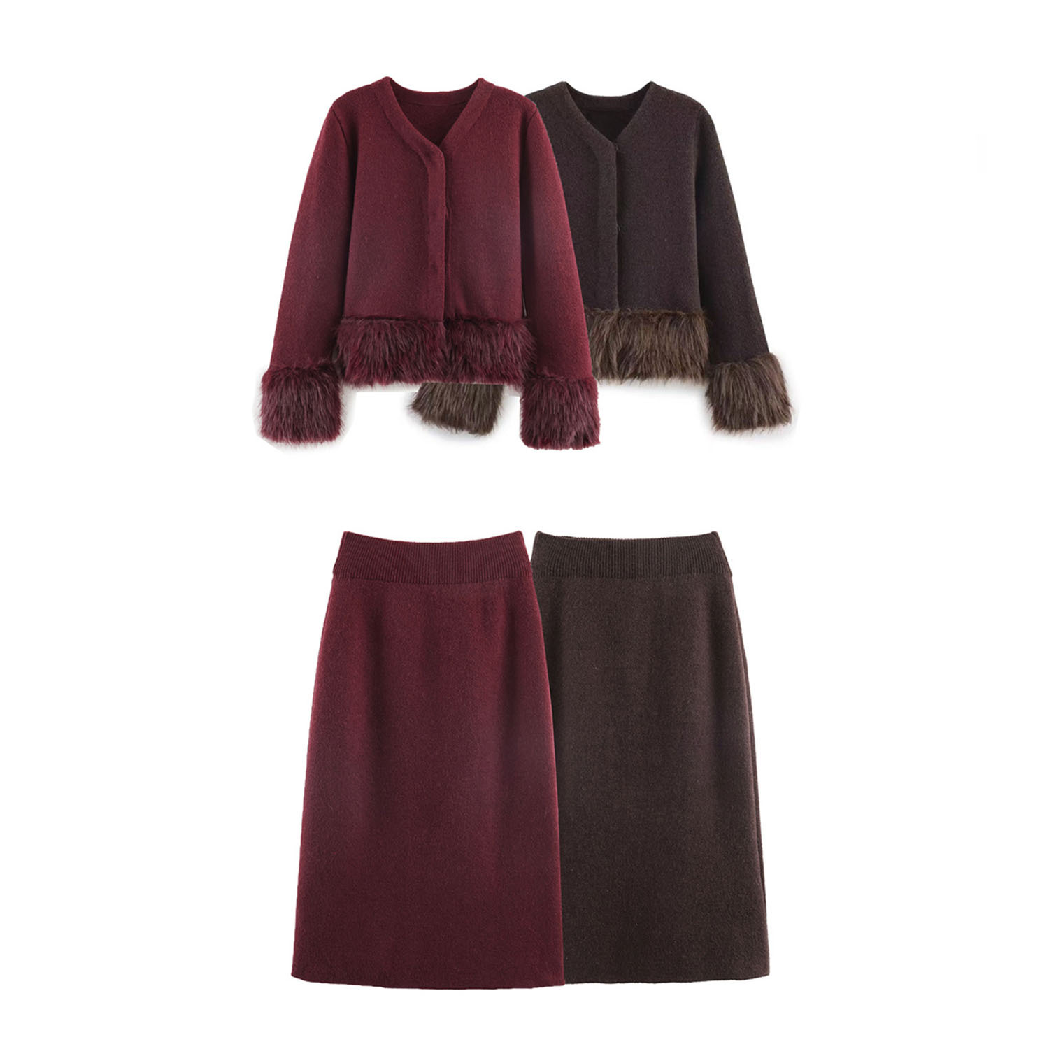 Conjunto de cárdigan de punto con ribete de piel sintética y vestido midi KUN-00033