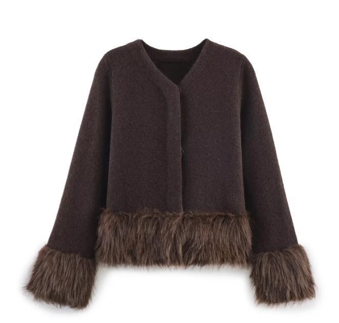 Conjunto de cárdigan de punto con ribete de piel sintética y vestido midi KUN-00033