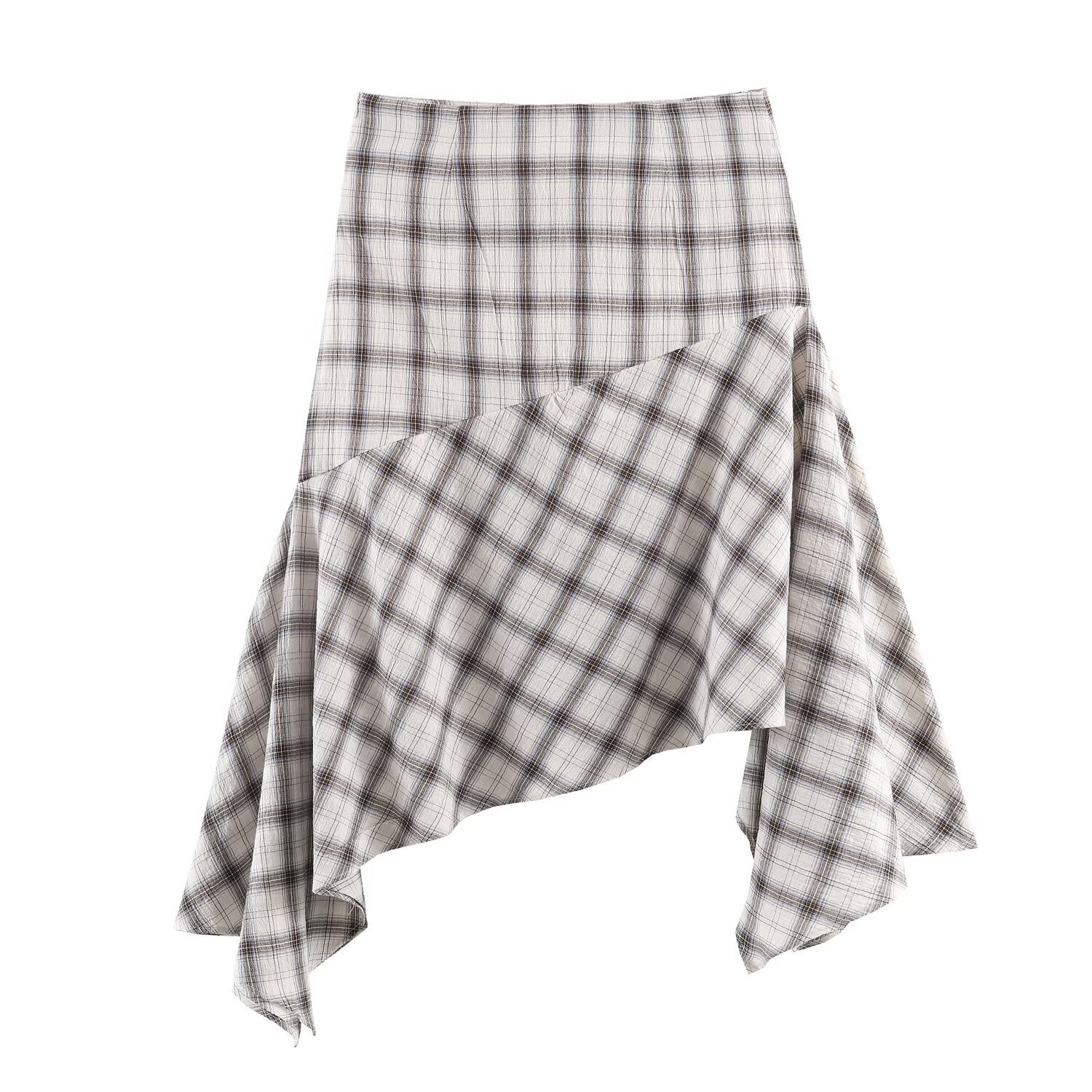 Set bestaande uit een geruite blouse met elastische tailleband en een asymmetrische rok - Europese stijl KUN-00024