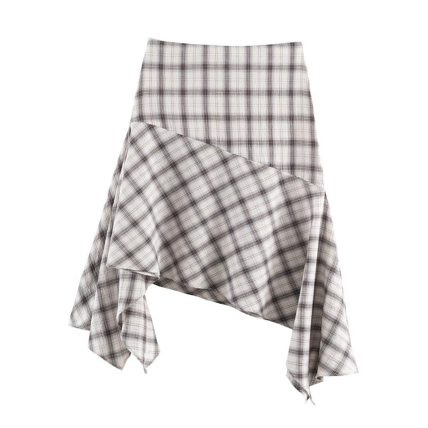 Set bestaande uit een geruite blouse met elastische tailleband en een asymmetrische rok - Europese stijl KUN-00024