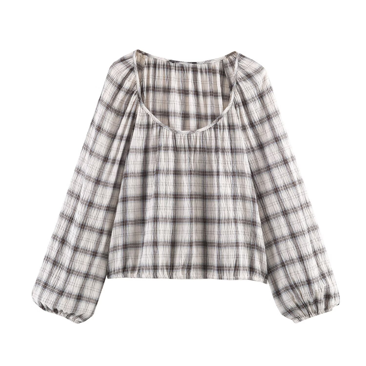 Set bestaande uit een geruite blouse met elastische tailleband en een asymmetrische rok - Europese stijl KUN-00024