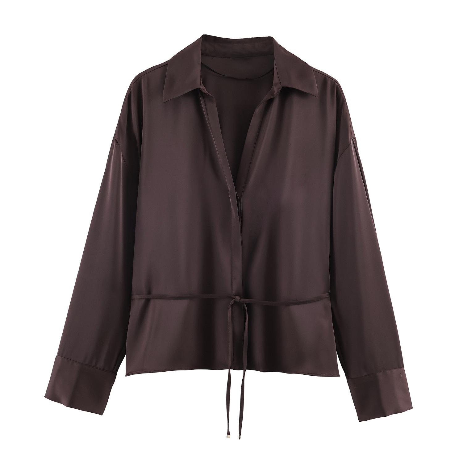 Satinbluse mit Gürtel - Damenbluse im europäischen Stil KUN-00107