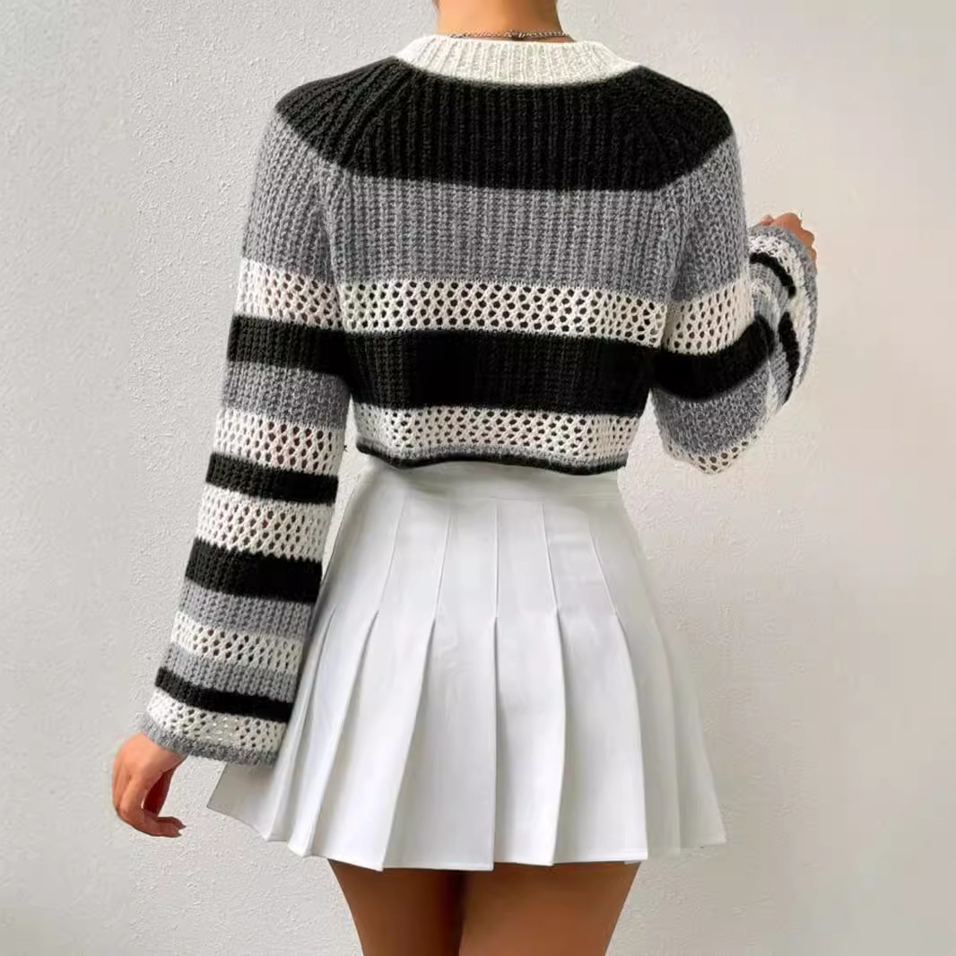 Knit Striped Cropped Sweater - Casual Pullover Top SSU-00036