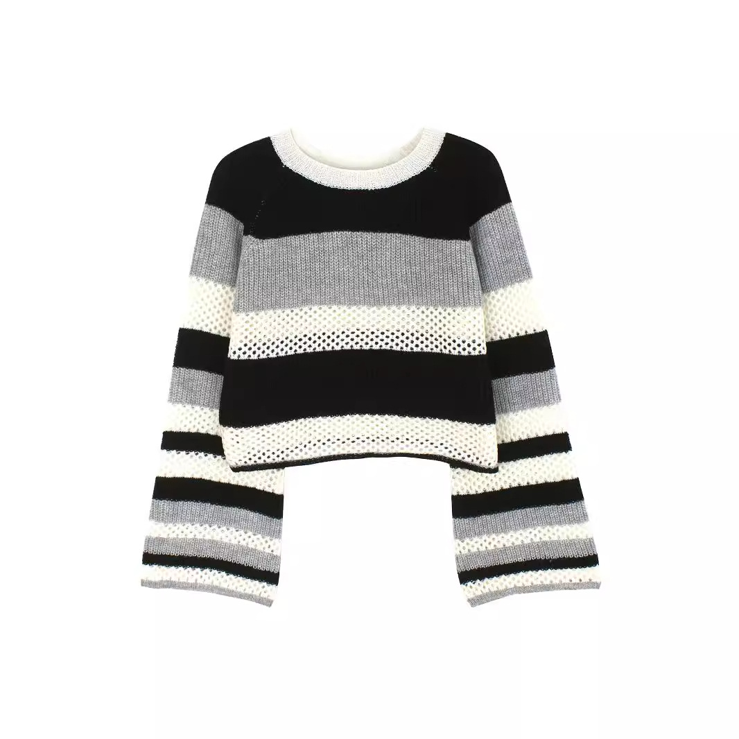 Knit Striped Cropped Sweater - Casual Pullover Top SSU-00036