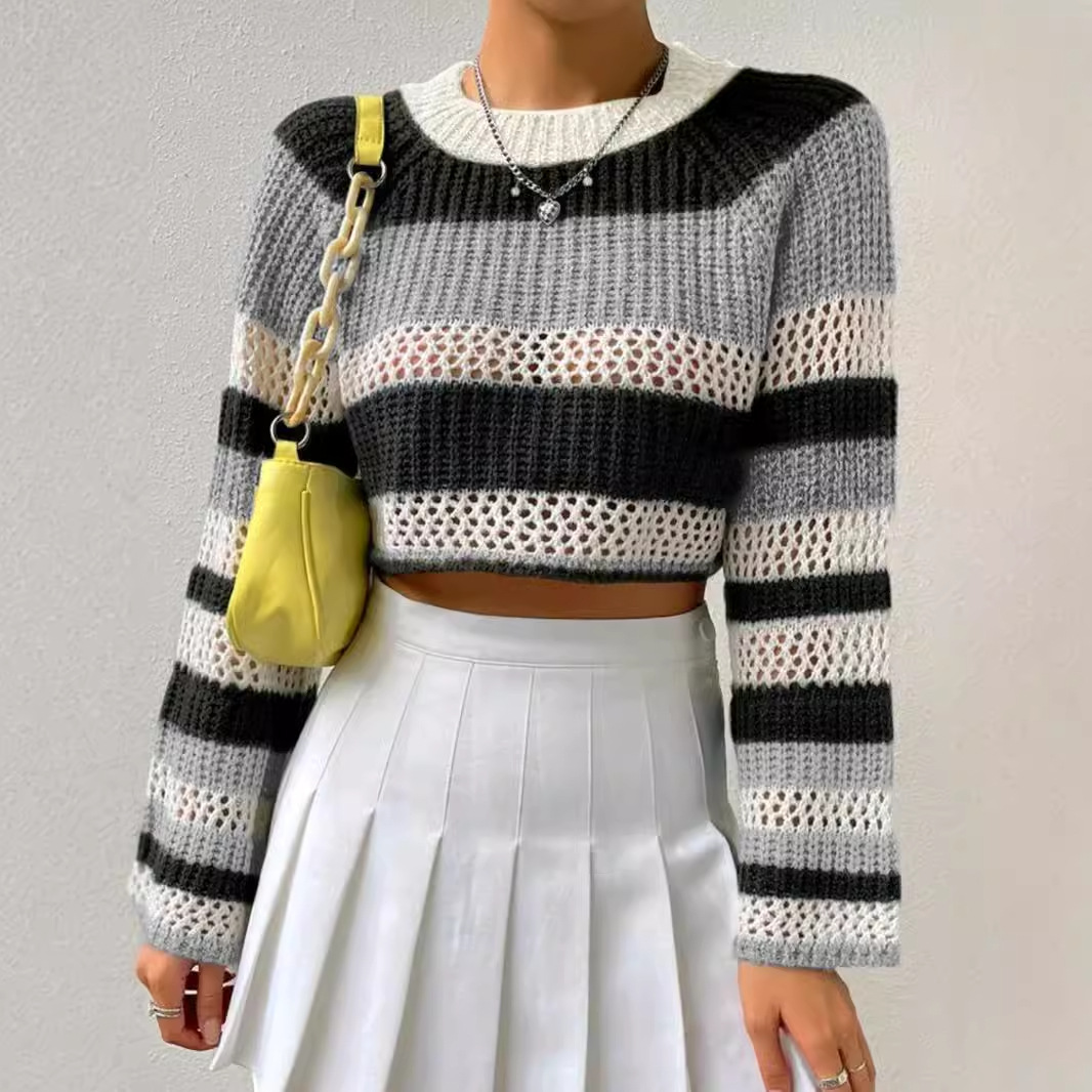 Knit Striped Cropped Sweater - Casual Pullover Top SSU-00036