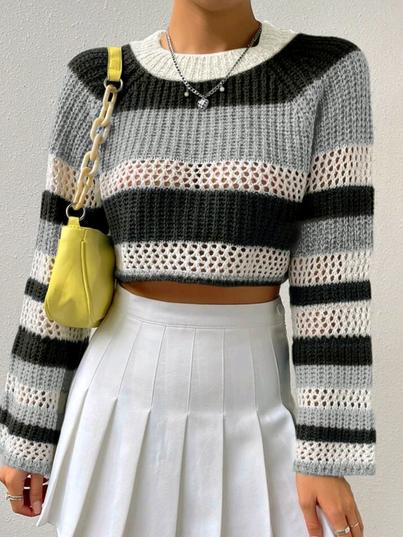 Knit Striped Cropped Sweater - Casual Pullover Top SSU-00036