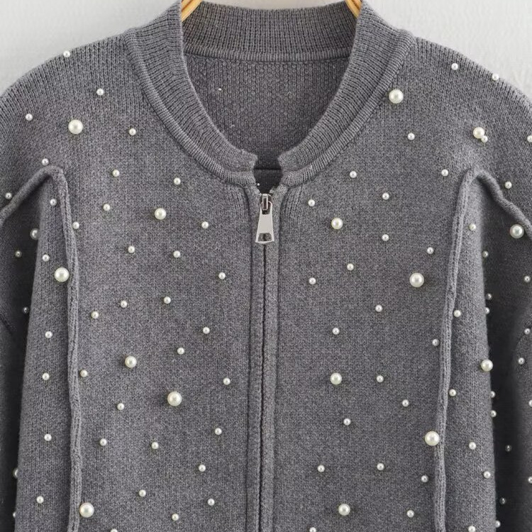 Knit Bomber Jacket with Pearl Detail KUN-00057