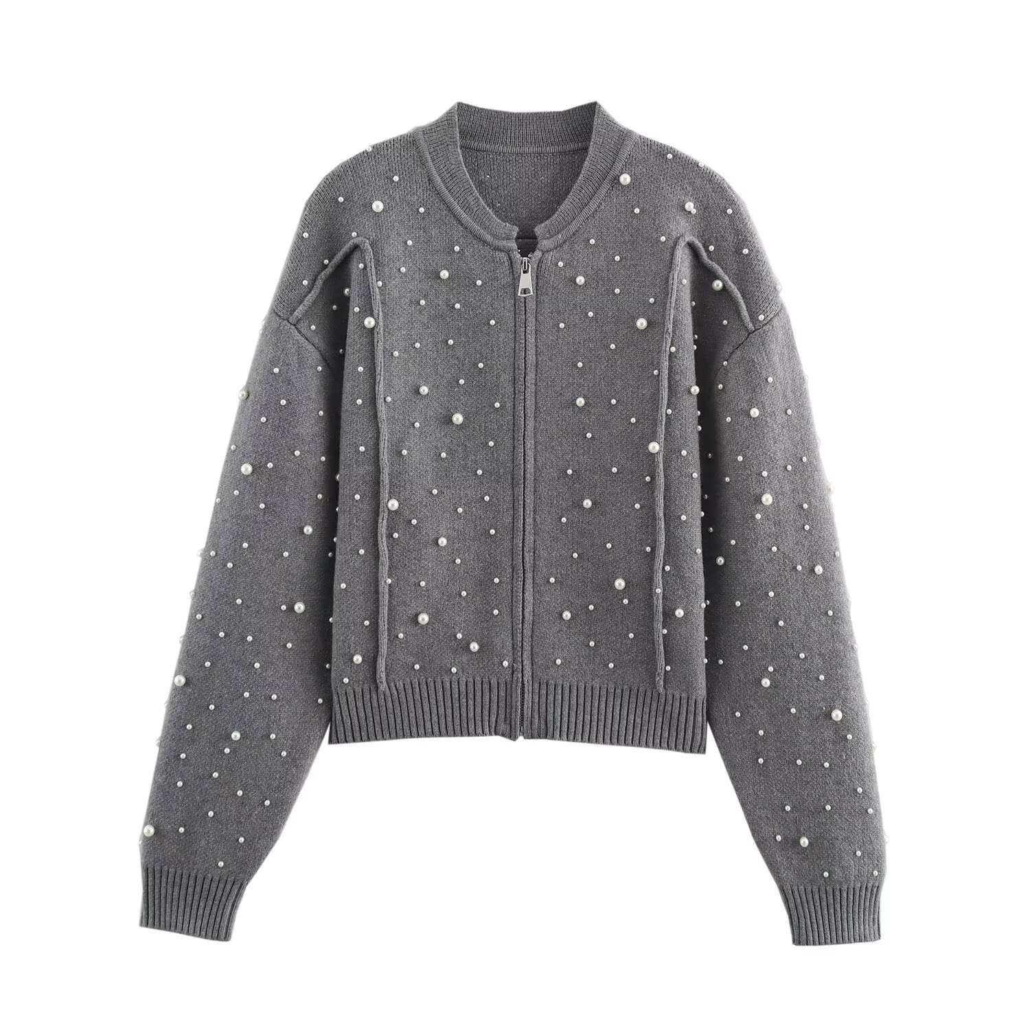Knit Bomber Jacket with Pearl Detail KUN-00057