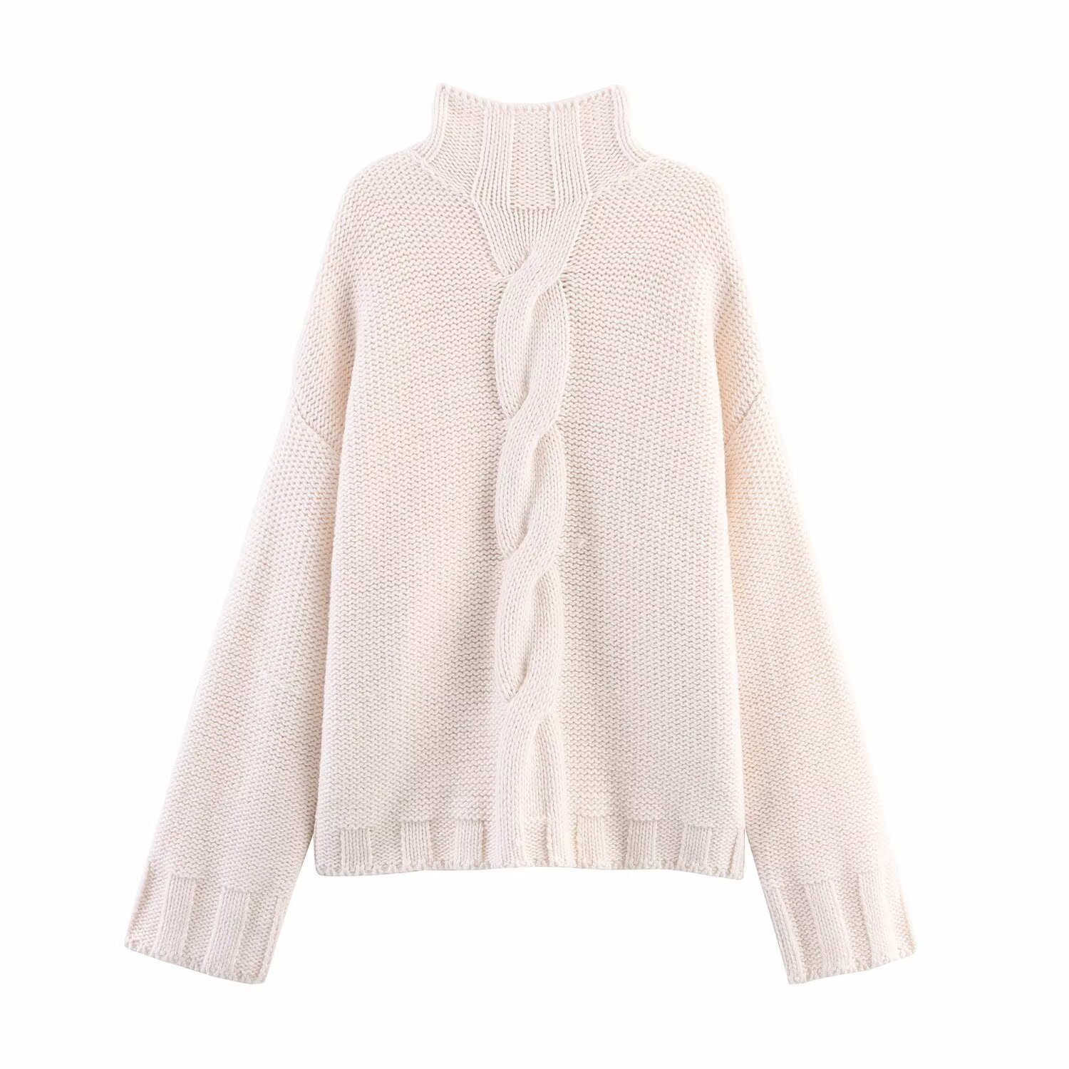 Suéter informal de cuello alto y manga larga acanalada con parte superior de punto KUN-00071