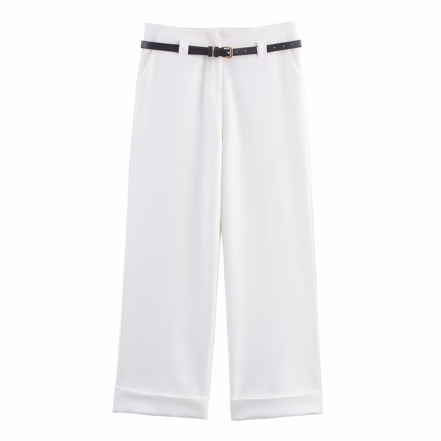 Women's Casual Cropped Pants with Belt - Stylish High Waist KUN-00005