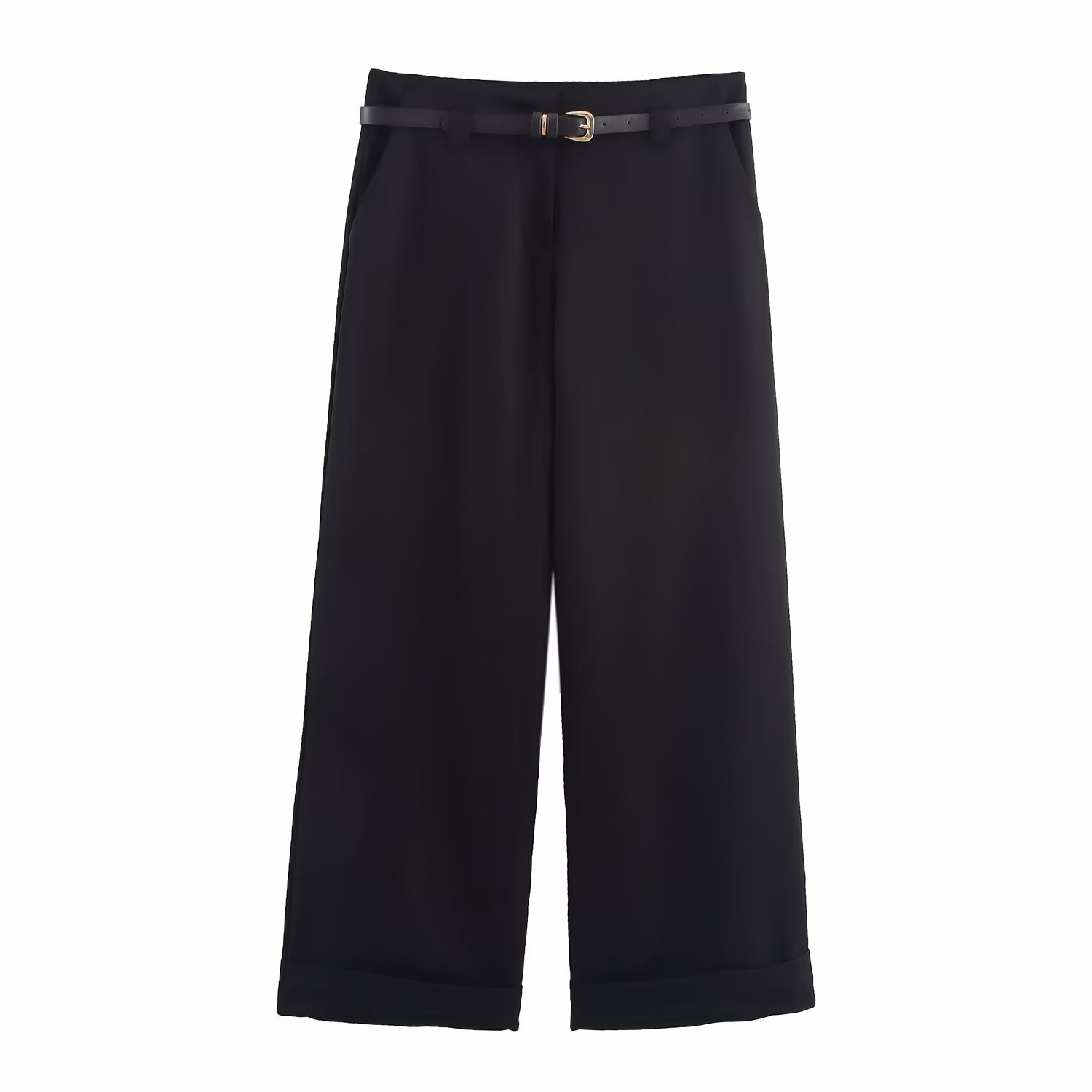 Women's Casual Cropped Pants with Belt - Stylish High Waist KUN-00005