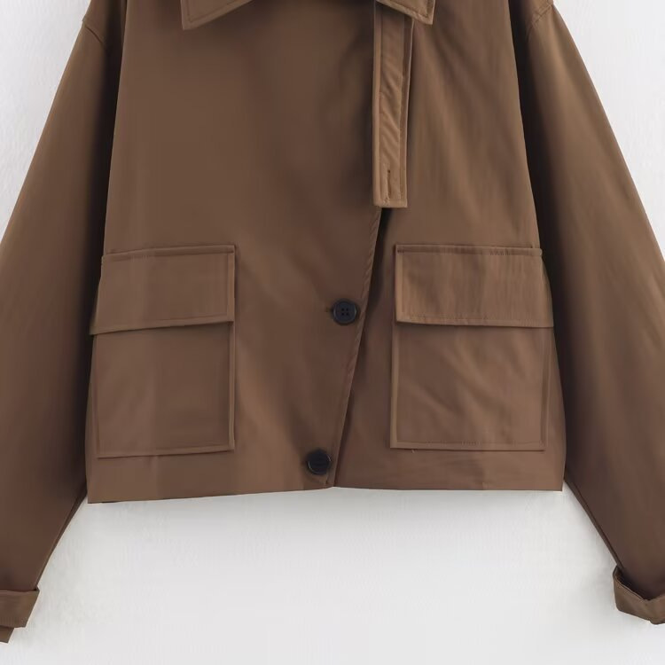 Women's Retro Trench Coat Solid Lapel Short Jacket KUN-00006