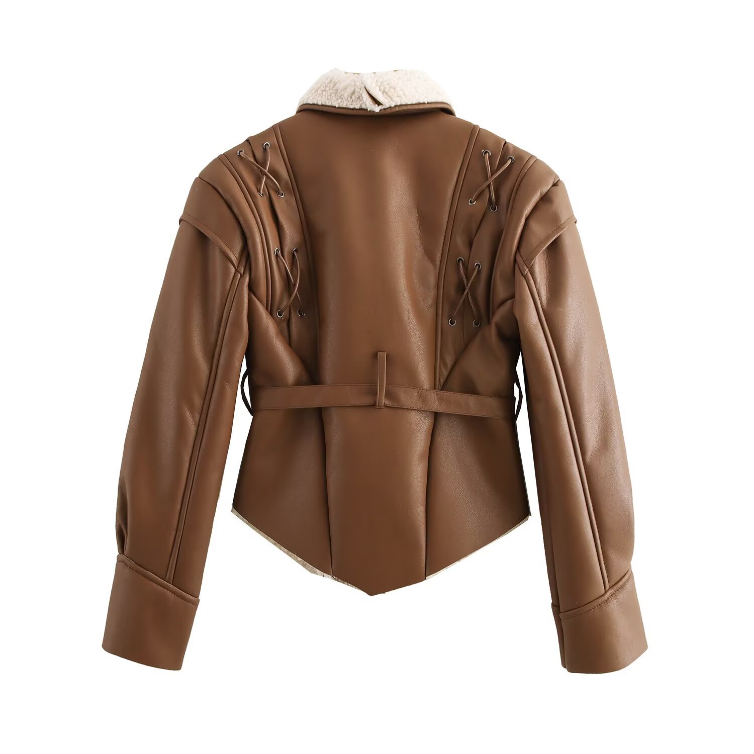 Faux Shearling Jacket Irregular Tie Waist Warm Coat KUN-00056