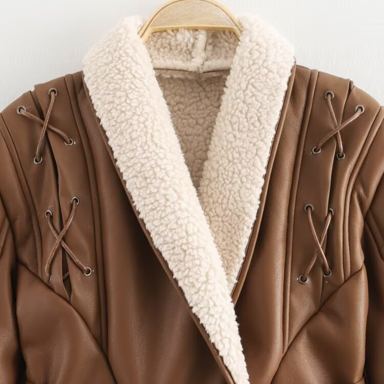 Faux Shearling Jacket Irregular Tie Waist Warm Coat KUN-00056