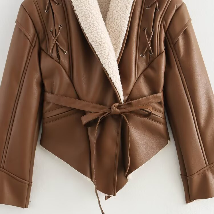 Faux Shearling Jacket Irregular Tie Waist Warm Coat KUN-00056