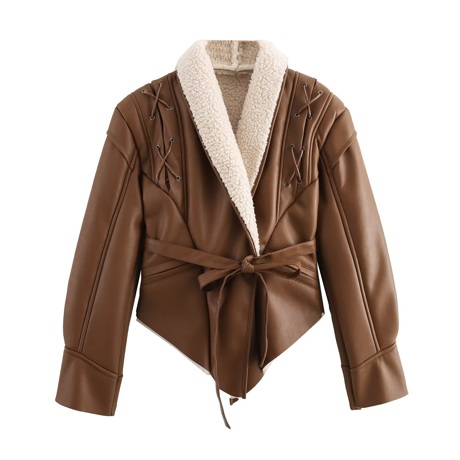 Faux Shearling Jacket Irregular Tie Waist Warm Coat KUN-00056