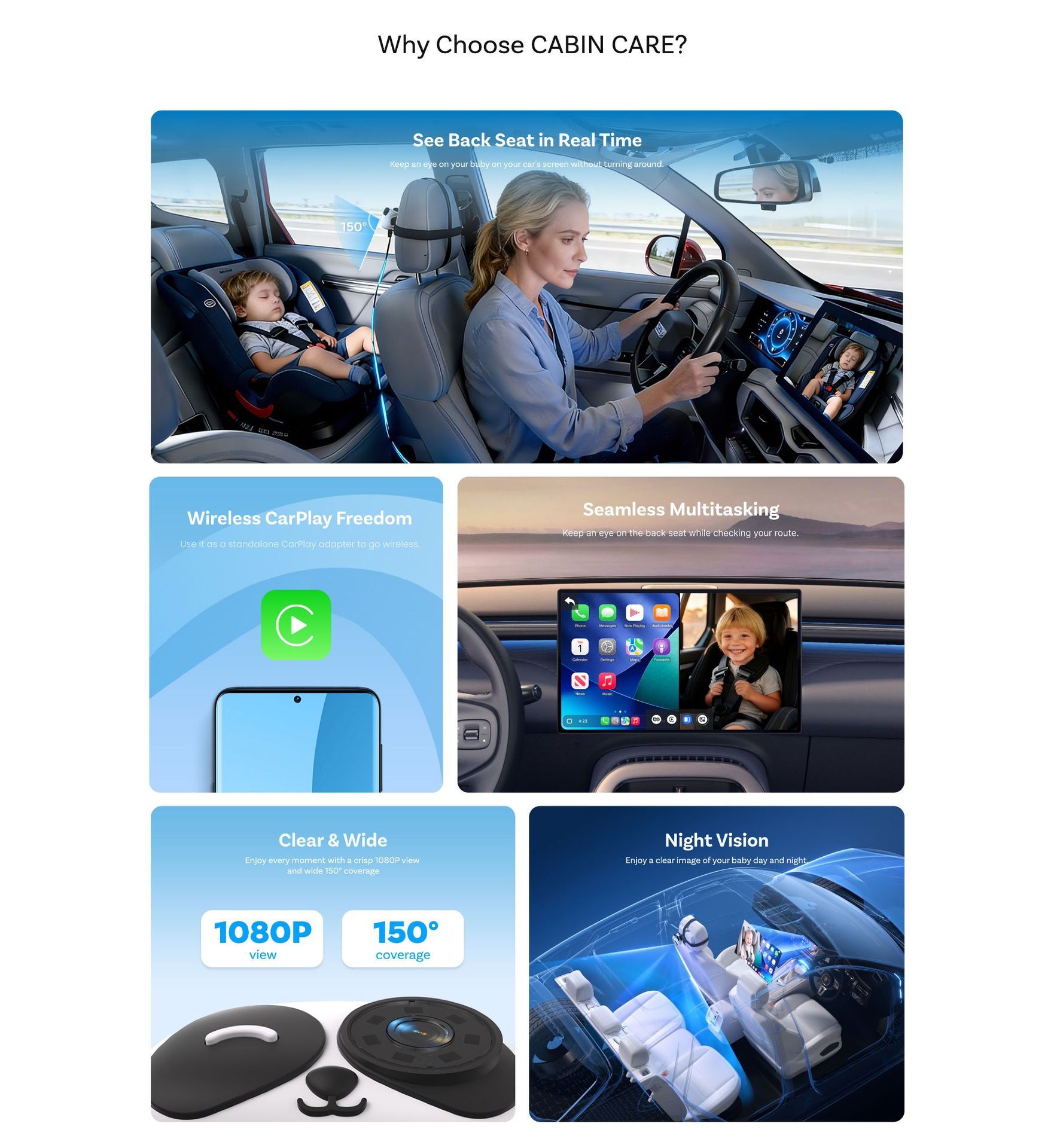 Wireless Car Baby Monitor Camera for CarPlay & Android Auto