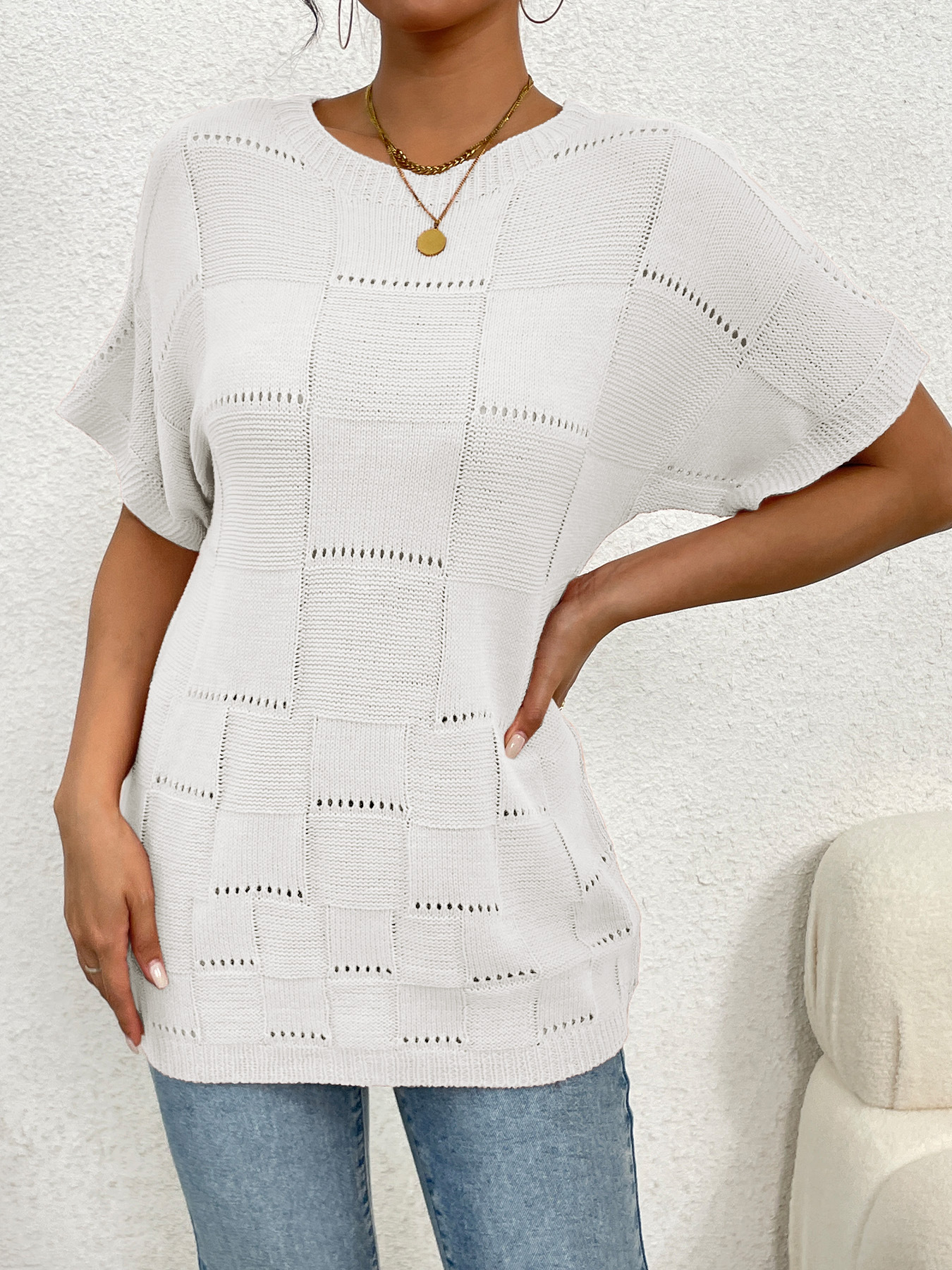 Knit Top Women's Short Sleeve Crew Neck Loose Fit SSU-00051