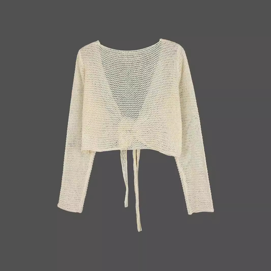 V-Neck Long Sleeve Crop Cardigan Tie-Front Beach Cover-Up