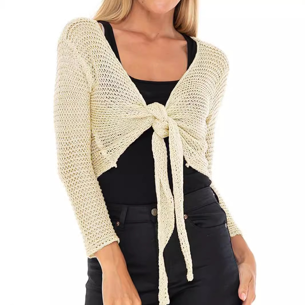 V-Neck Long Sleeve Crop Cardigan Tie-Front Beach Cover-Up