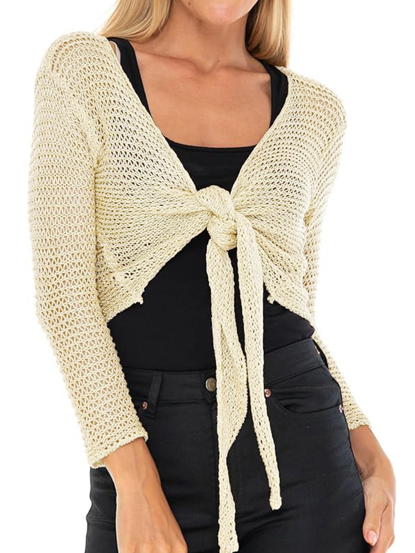 V-Neck Long Sleeve Crop Cardigan Tie-Front Beach Cover-Up