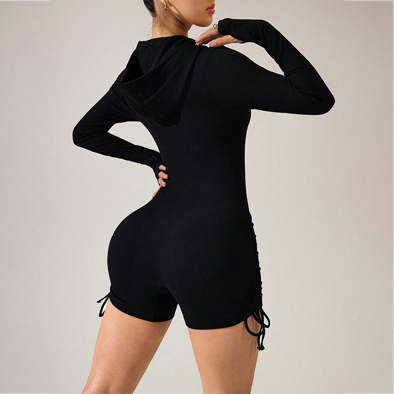 Slimming S-Shape Ruched Hooded Jumpsuit for Women with Sexy Quickdry Fit