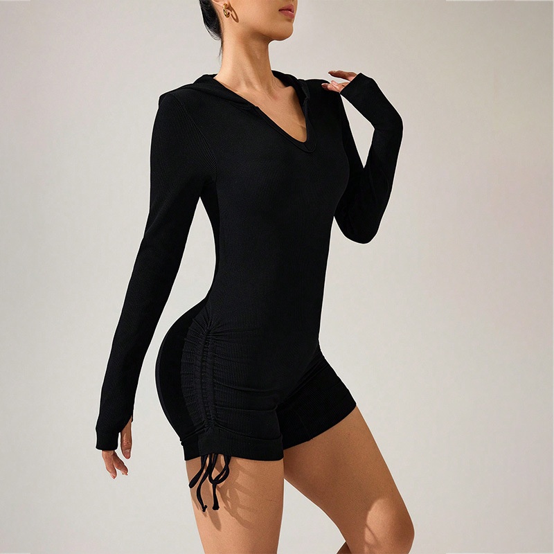 Slimming S-Shape Ruched Hooded Jumpsuit for Women with Sexy Quickdry Fit