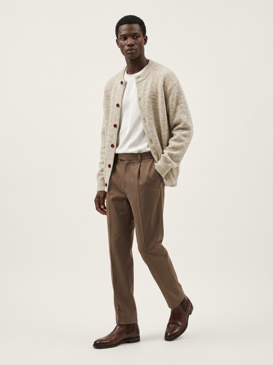 Oversized Crewneck Button-Front Knit Cardigan Sweater