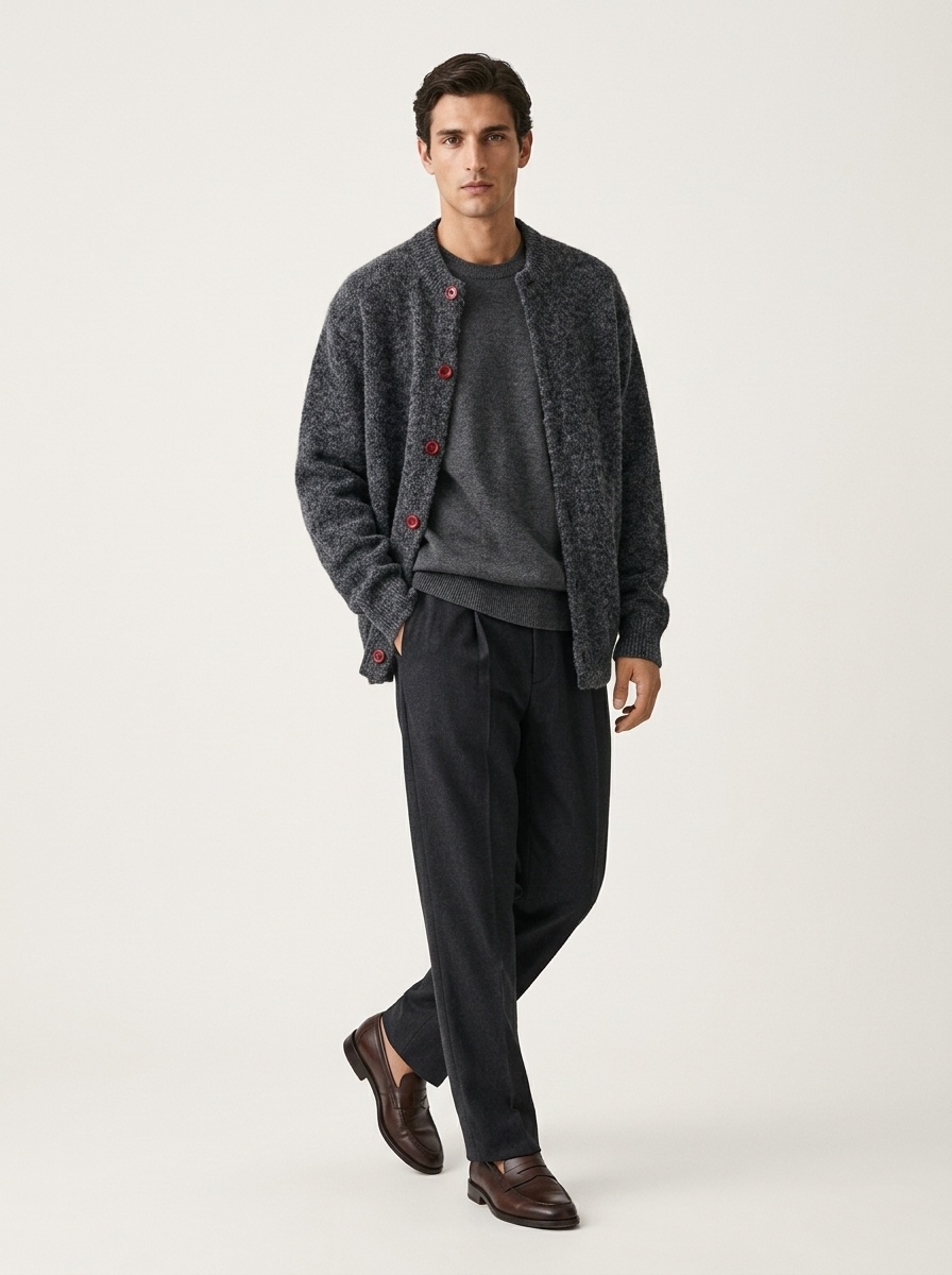 Oversized Crewneck Button-Front Knit Cardigan Sweater