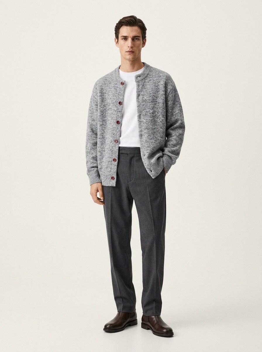 Oversized Crewneck Button-Front Knit Cardigan Sweater