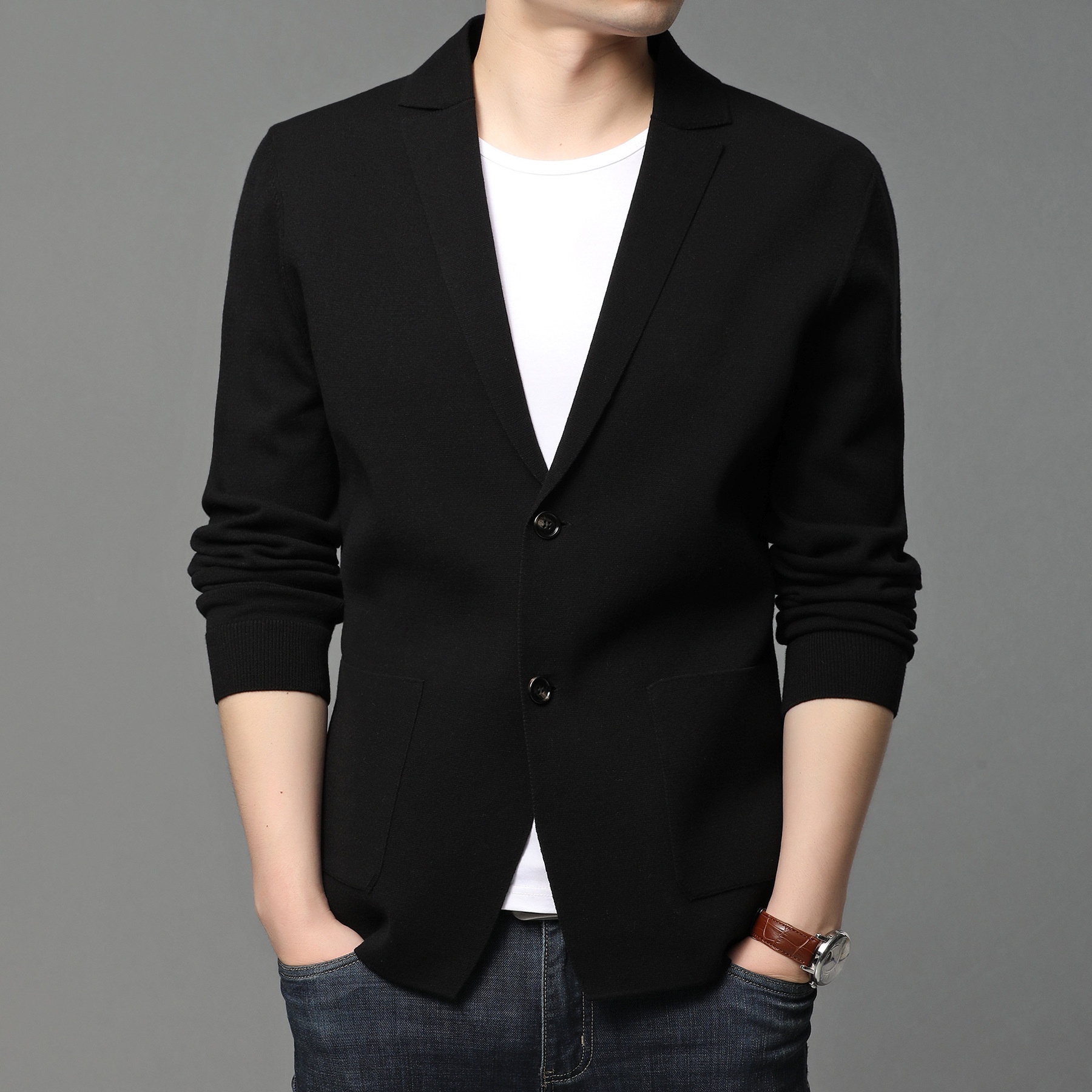 Men's Knit Blazer Lapel Two-Button Cardigan Jacket