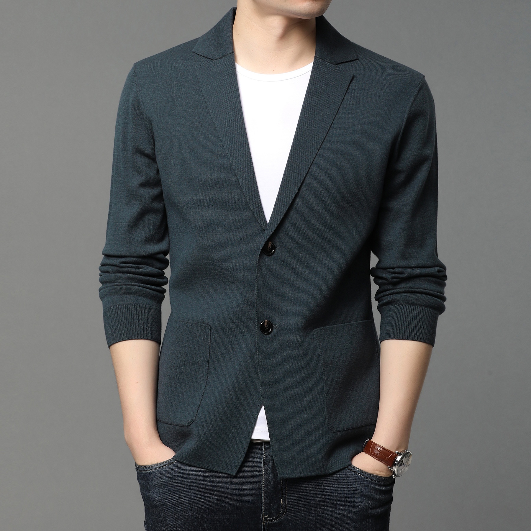 Men's Knit Blazer Lapel Two-Button Cardigan Jacket