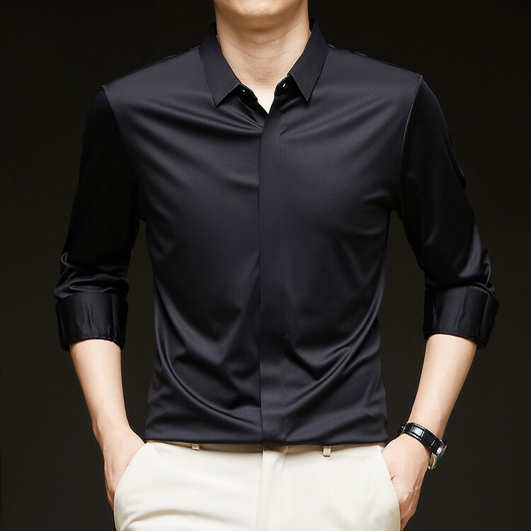 Men's Solid Long Sleeve Hidden Placket Dress Shirt