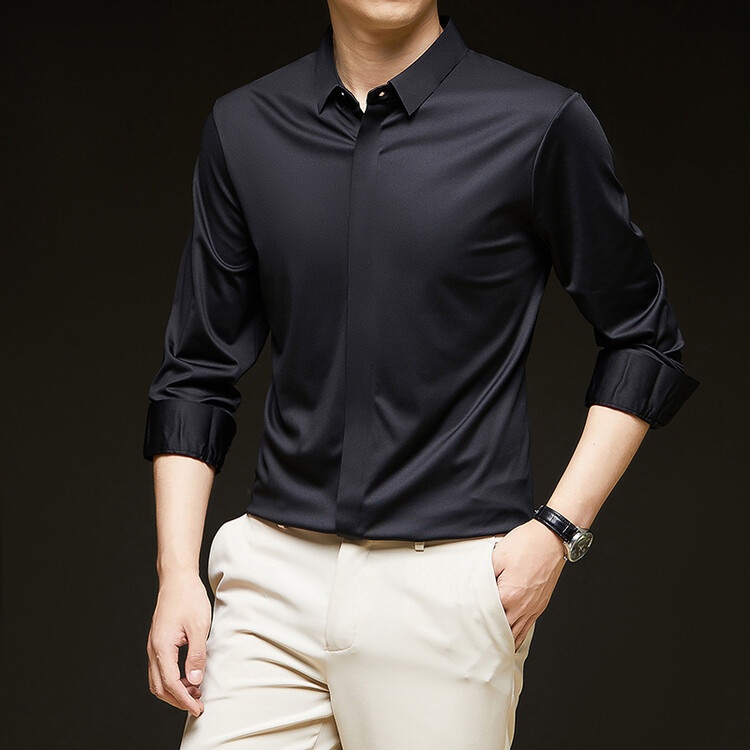 Men's Solid Long Sleeve Hidden Placket Dress Shirt