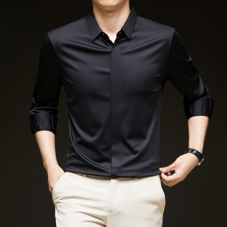 Men's Solid Long Sleeve Hidden Placket Dress Shirt