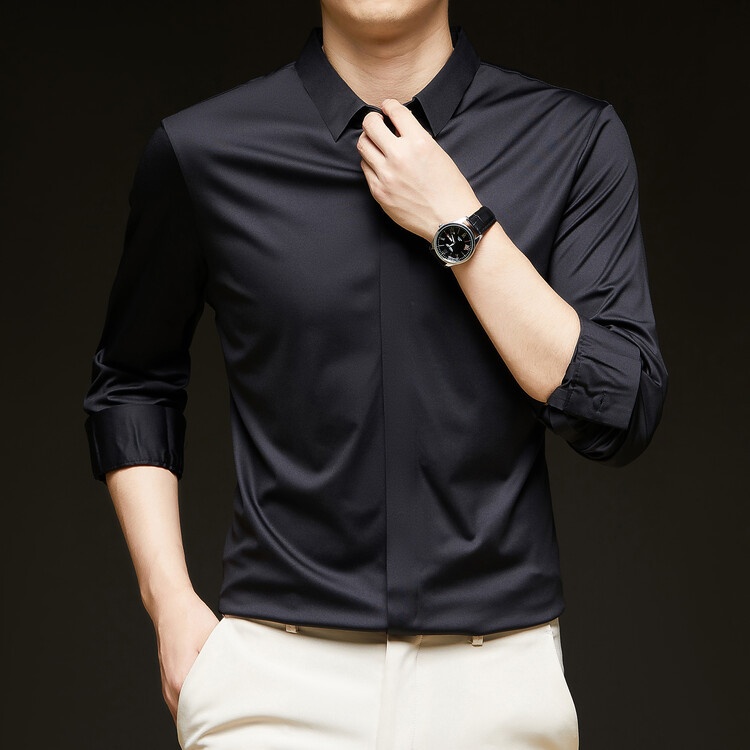 Men's Solid Long Sleeve Hidden Placket Dress Shirt