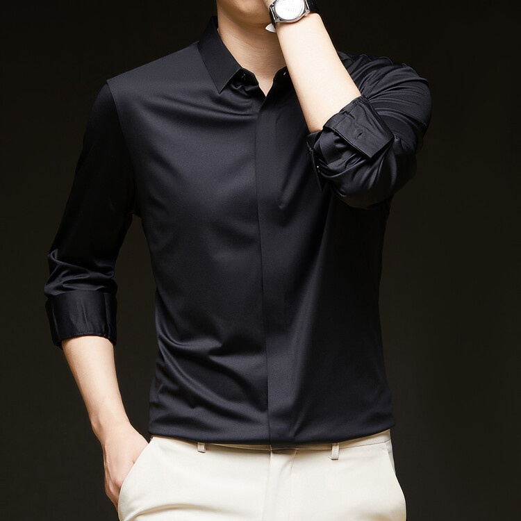 Men's Solid Long Sleeve Hidden Placket Dress Shirt