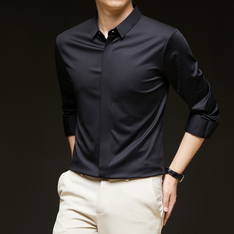 Men's Solid Long Sleeve Hidden Placket Dress Shirt