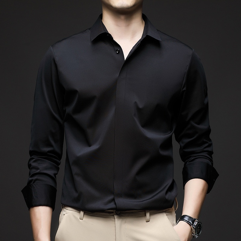 Men's Solid Long Sleeve Hidden Placket Dress Shirt