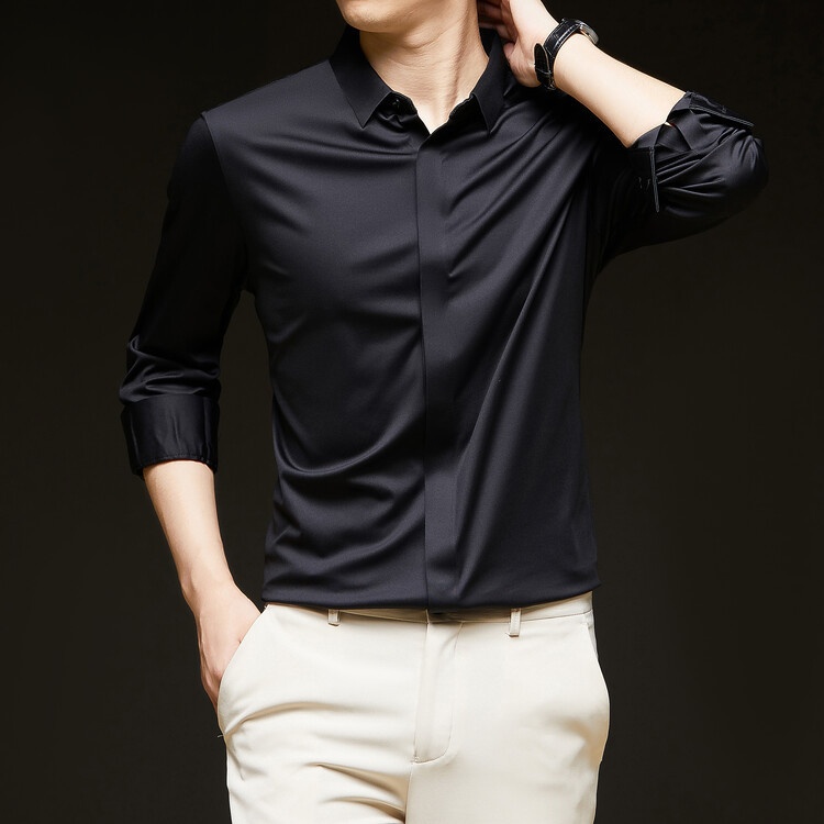 Men's Solid Long Sleeve Hidden Placket Dress Shirt